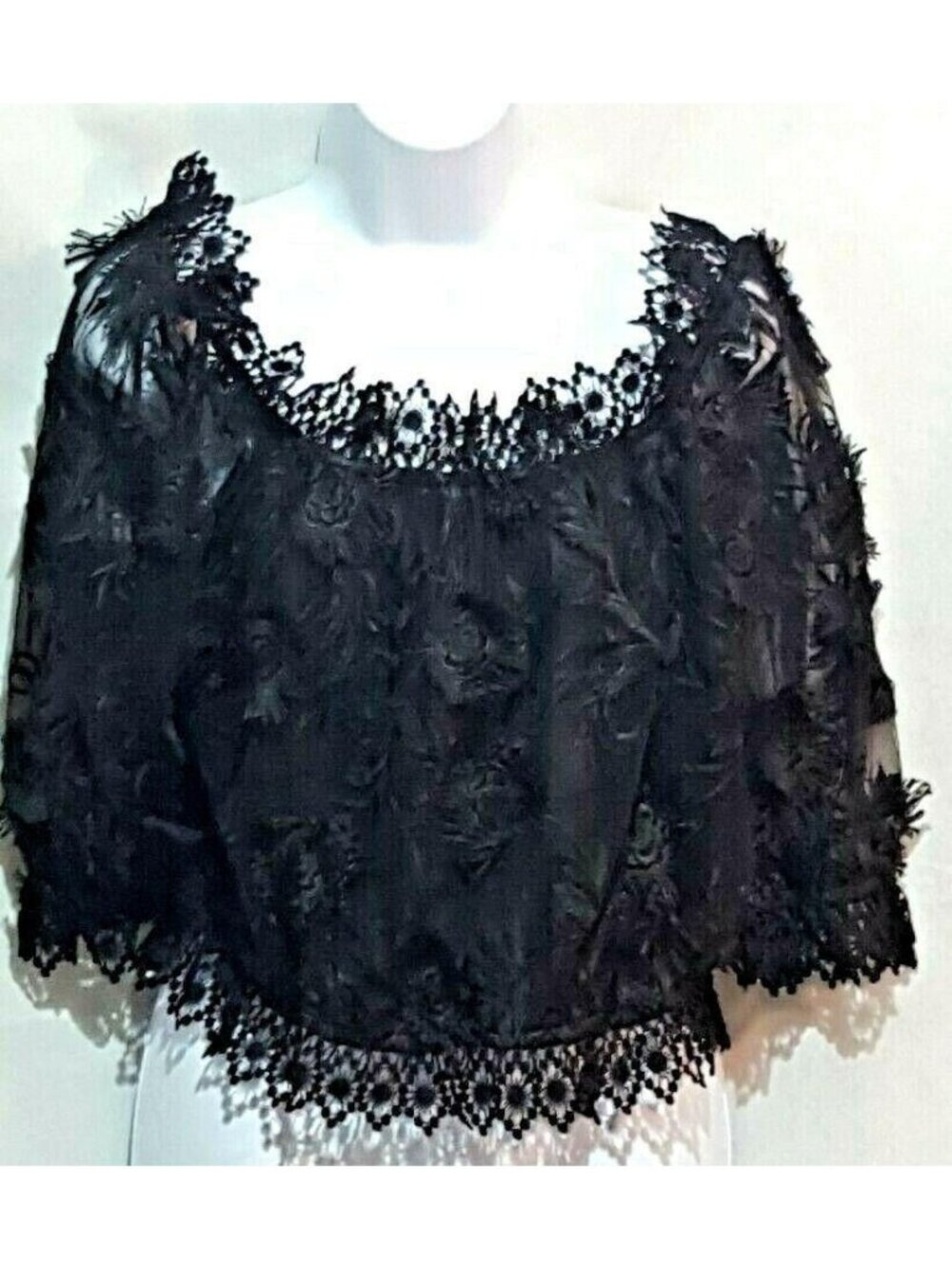 Lulumari Crop Top Womens L Black Lace Boho Gothic Grunge Peasant Festival Shirt